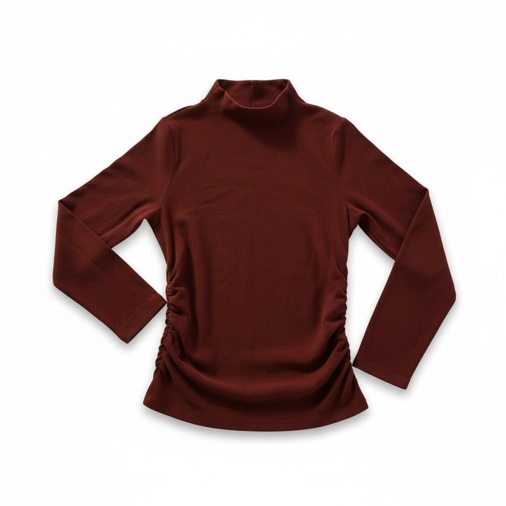 OGL Ruched Mock Neck Top XL Burgundy NWT Stretch Rib SPU 230926-1295W24 $49